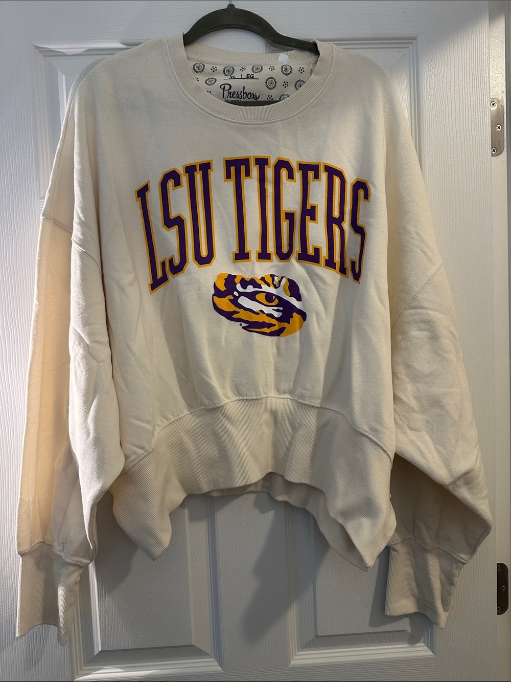 XL Pressbox Cream LSU Tigers Crewneck Sweatshirt with Purple & Gold Graphics